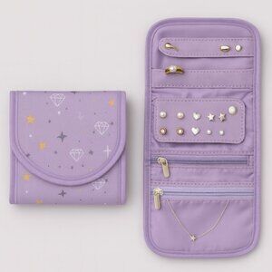 Lavender Travel Jewelry Wallet Organizer – Trifold Case with Zipper Pockets Ring